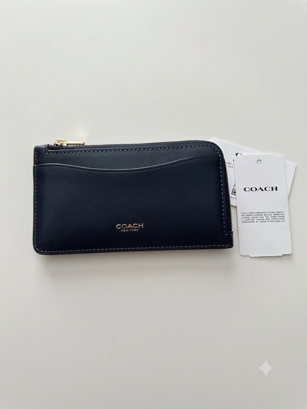 NWT Coach Refined Calf Leather New York Zip Card Case Wallet Navy Brass CZ112